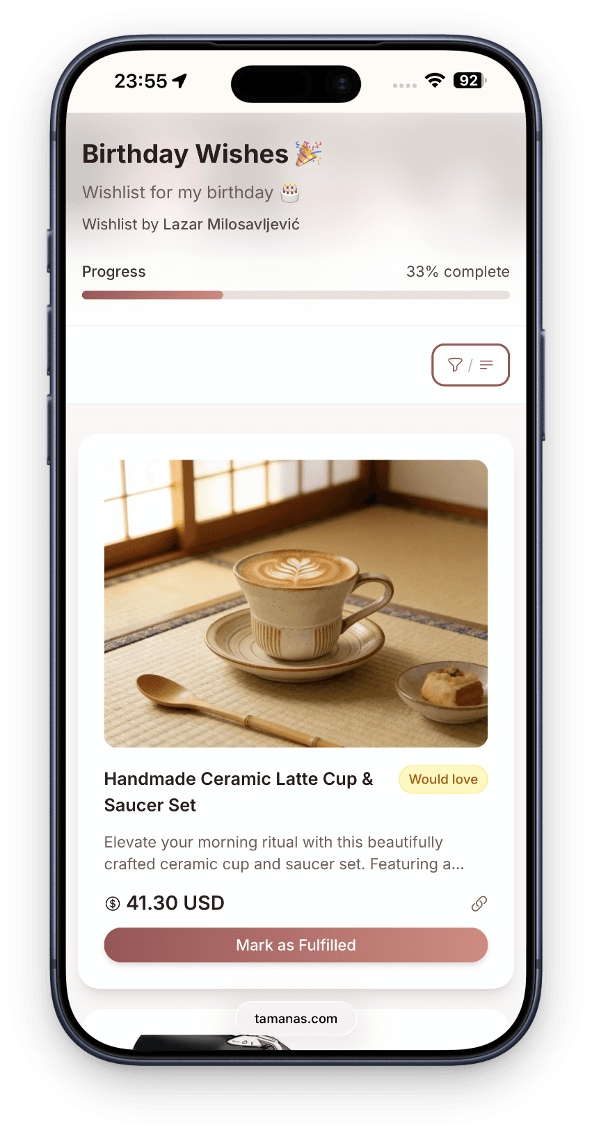 Wishlist beautifully organized in Tamanas